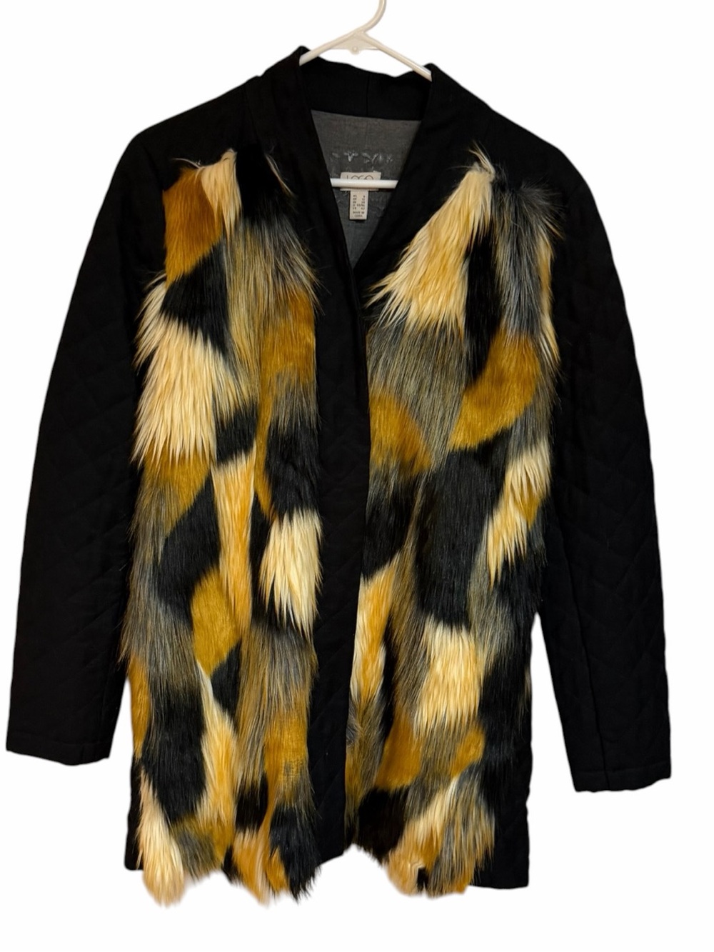Penny Lane LOGO Lori Goldstein Black Quilted Faux Fur Coat Gold Yellow Black EC